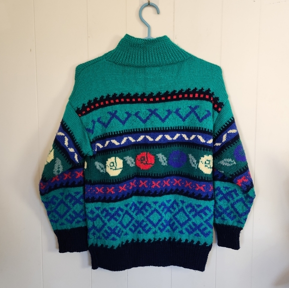 Vintage 90s Handmade Knit Slouchy Green Sweater Mock Neck Winter Cabin 1990s - Picture 5 of 10
